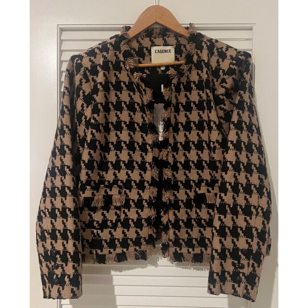 NWT L'AGENCE Angelina Houndstooth Open Front Blazer in Cappuccino Black Brown - Picture 7 of 16